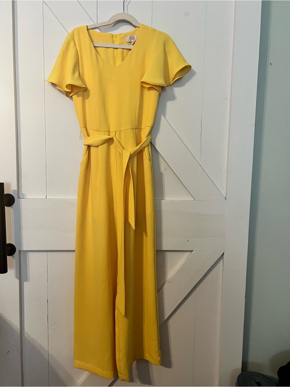 GB girls Yellow Flutter-Sleeve jumpsuit with Waist Tie